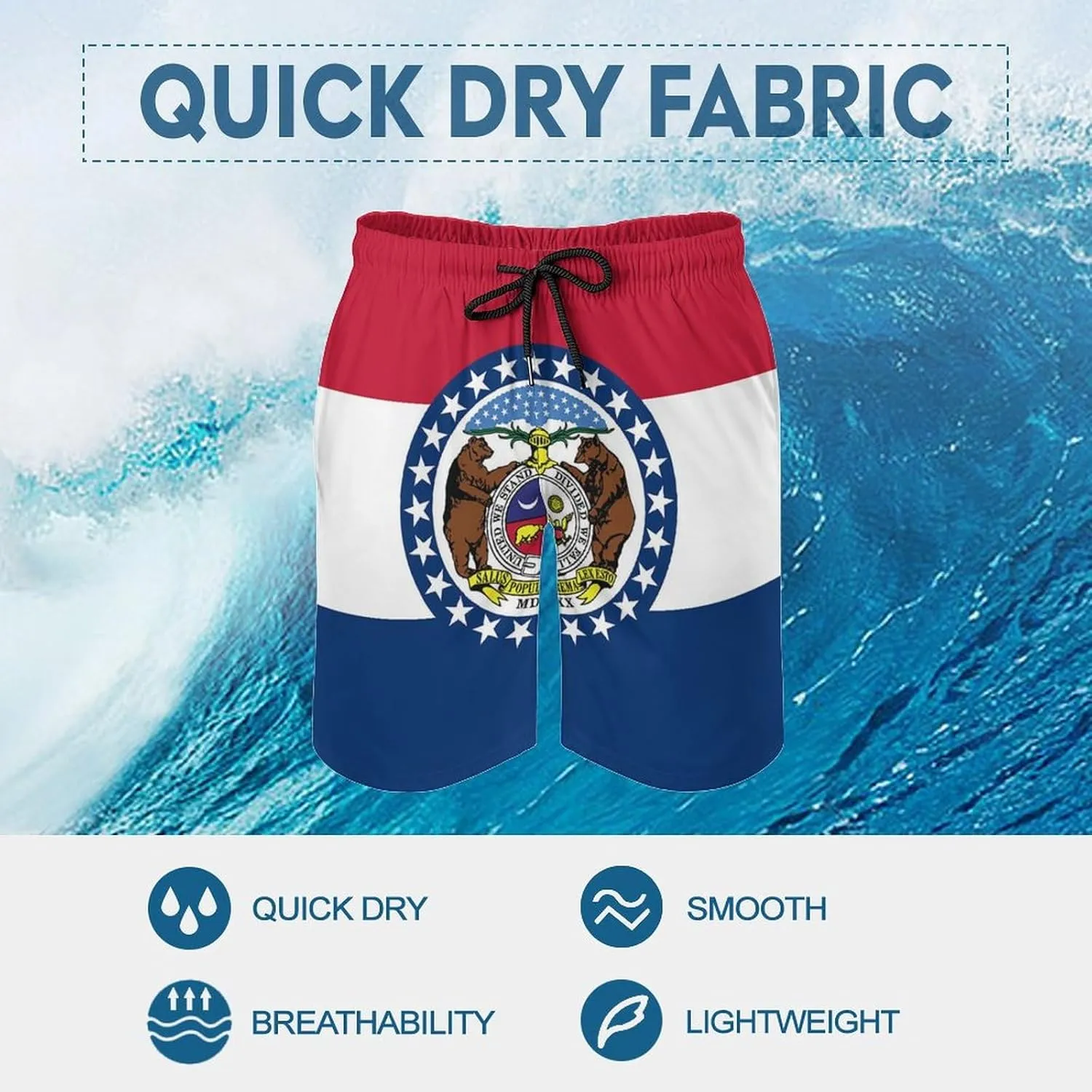 Zakqeik Men's Summer Missouri State Flag Swim Trunks Quick Dry Surf Boardshorts Bathing Suit Shorts with Pockets