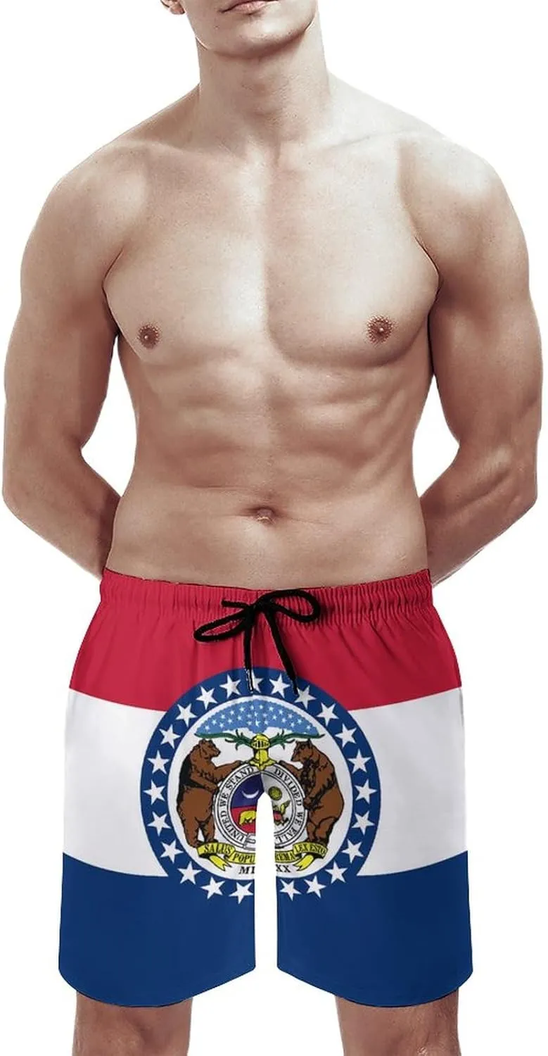 Zakqeik Men's Summer Missouri State Flag Swim Trunks Quick Dry Surf Boardshorts Bathing Suit Shorts with Pockets