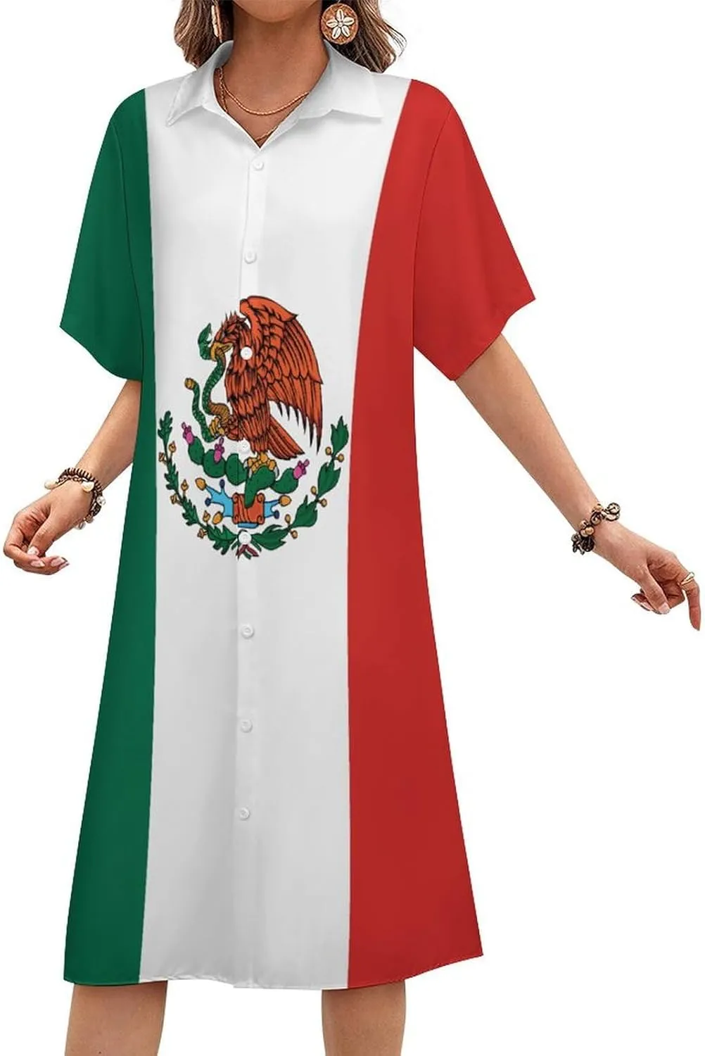 Zakqeik Mexican Flag Womens Button Down Shirt Dress Summer Casual Short Sleeve Shift Dresses with Pockets
