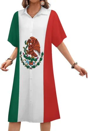 Zakqeik Mexican Flag Womens Button Down Shirt Dress Summer Casual Short Sleeve Shift Dresses with Pockets