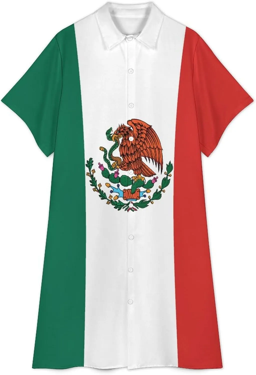 Zakqeik Mexican Flag Womens Button Down Shirt Dress Summer Casual Short Sleeve Shift Dresses with Pockets