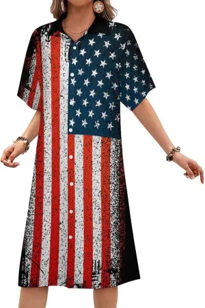 Zakqeik Women's Italy Flag Shirt Dress Collar V-Neck Button Down Loose Short Sleeve Long Dresses
