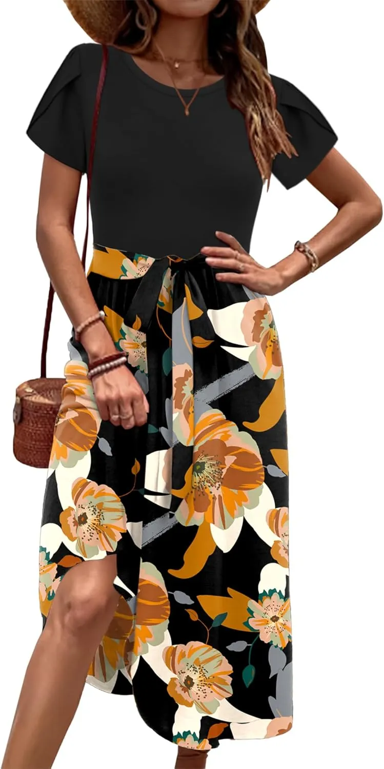 Zeagoo Womens Midi Dress Summer Short Sleeve Dress with Pockets 2025 Casual Floral T-Shirt Dress Flowy Beach Sundress