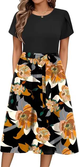 Zeagoo Womens Midi Dress Summer Short Sleeve Dress with Pockets 2025 Casual Floral T-Shirt Dress Flowy Beach Sundress