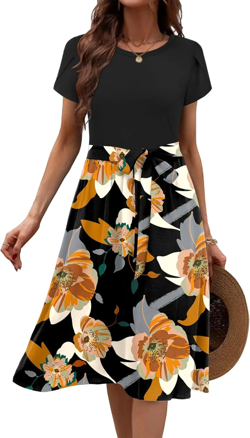 Zeagoo Womens Midi Dress Summer Short Sleeve Dress with Pockets 2025 Casual Floral T-Shirt Dress Flowy Beach Sundress