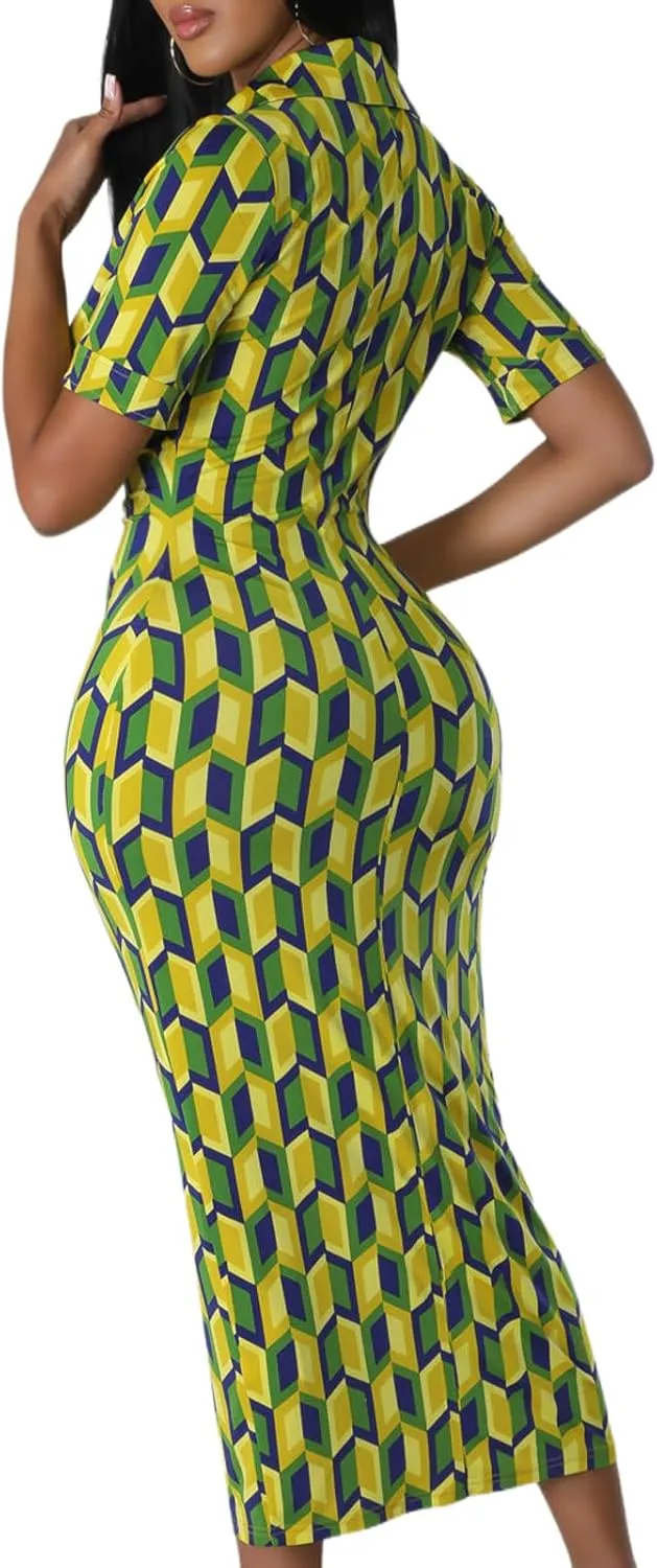 ZERMOM Women's Button Down Shirt Dress Short Sleeve Print Collar V Neck Summer Bodycon Midi Dresses