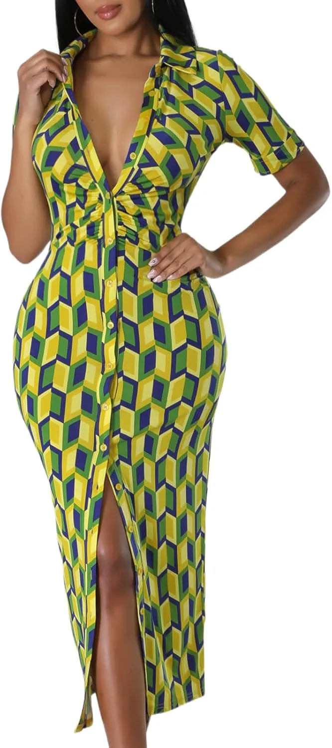 ZERMOM Women's Button Down Shirt Dress Short Sleeve Print Collar V Neck Summer Bodycon Midi Dresses