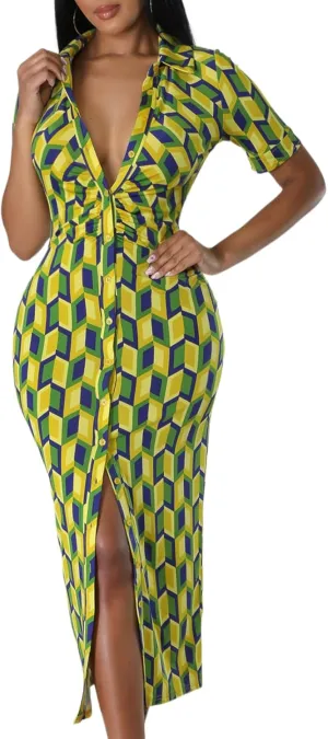 ZERMOM Women's Button Down Shirt Dress Short Sleeve Print Collar V Neck Summer Bodycon Midi Dresses