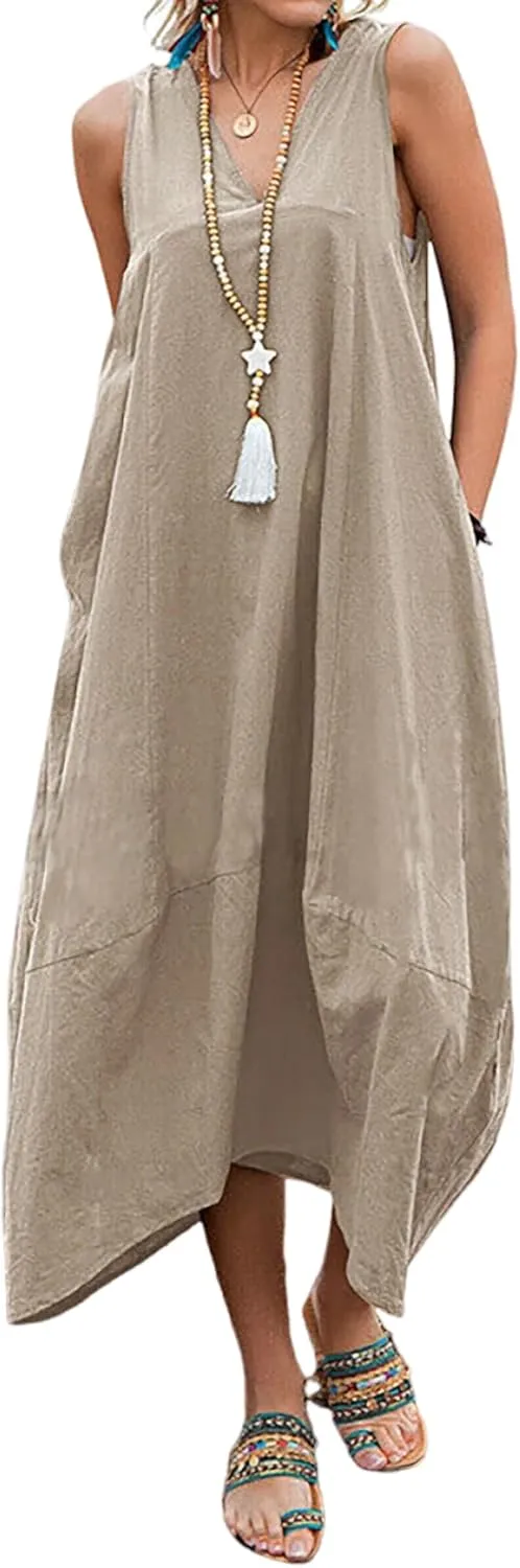 ZOCAVIA Women's Cotton Linen Sleeveless Maxi Dress Summer Loose Long Tank Dress Sundress with Pockets Beach Vacation Outfits