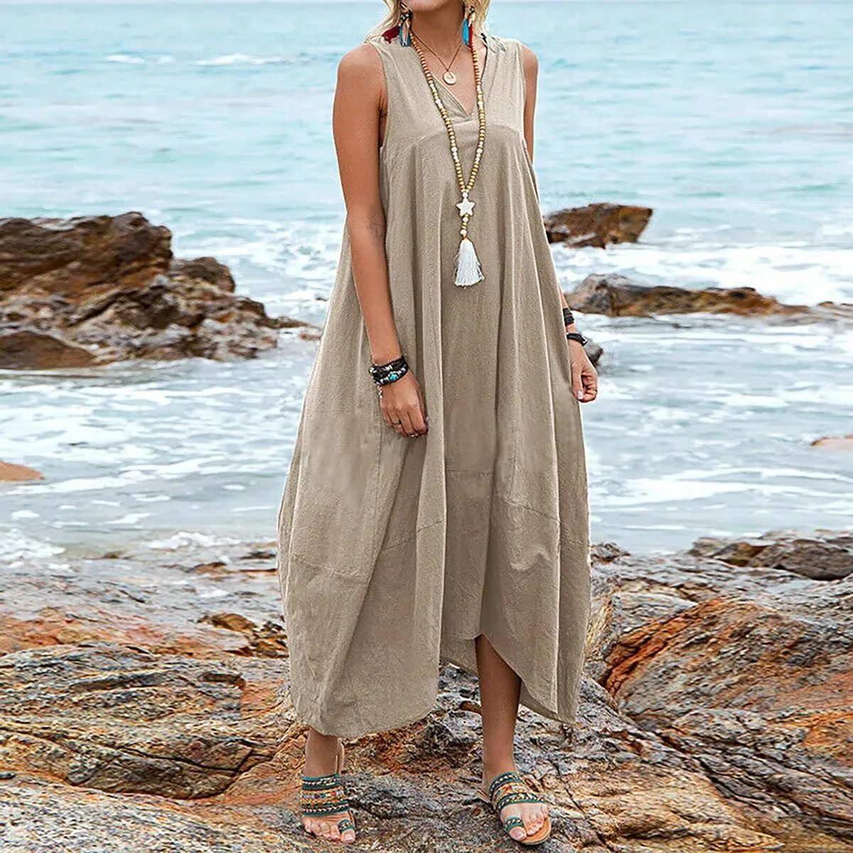 ZOCAVIA Women's Cotton Linen Sleeveless Maxi Dress Summer Loose Long Tank Dress Sundress with Pockets Beach Vacation Outfits