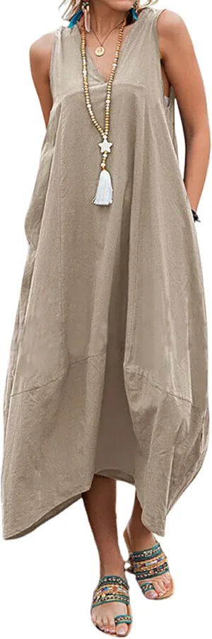 ZOCAVIA Women's Cotton Linen Sleeveless Maxi Dress Summer Loose Long Tank Dress Sundress with Pockets Beach Vacation Outfits