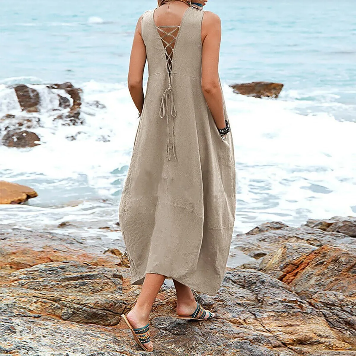ZOCAVIA Women's Cotton Linen Sleeveless Maxi Dress Summer Loose Long Tank Dress Sundress with Pockets Beach Vacation Outfits