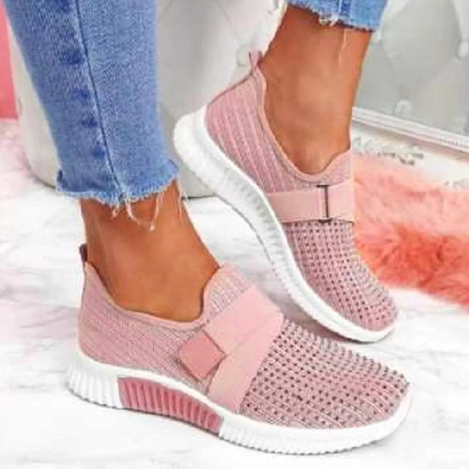 ZSpzx Arch Support Mesh Flats Shoes for Women Comfort Walking Sneakers Slip On Lightweight Comfy Breathable Slip On Shoes with Elastic Band Mesh Trainers Casual Low Top Shoes for Jogging Running