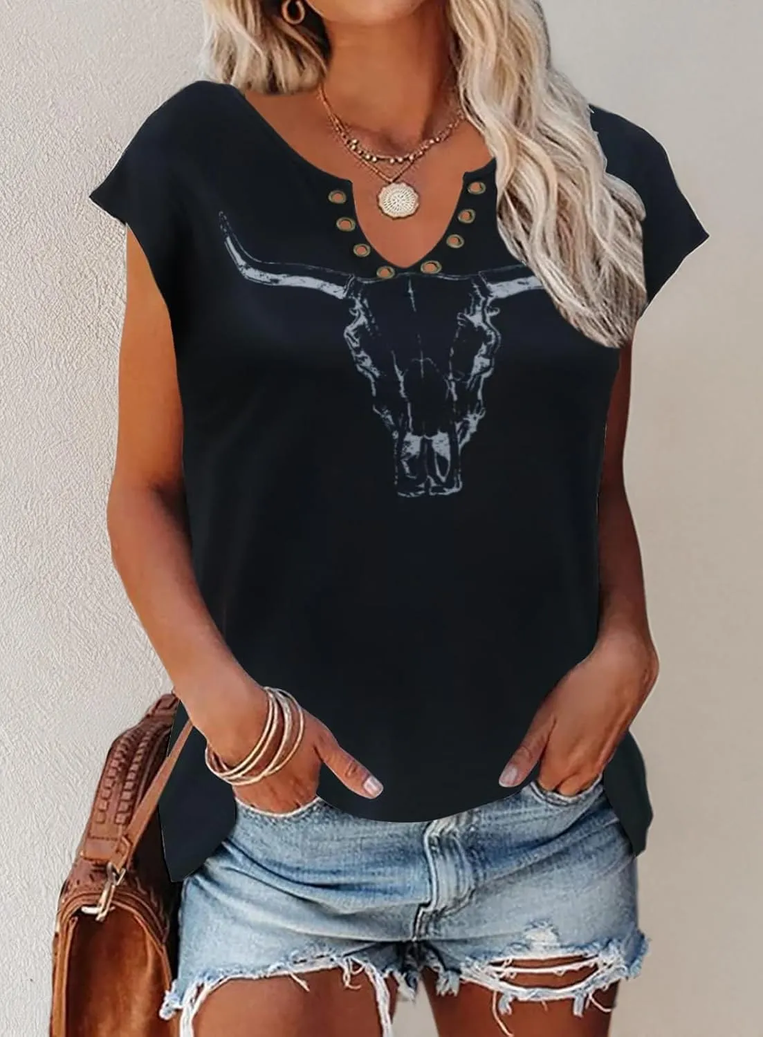 Zyyfly Womens Cap Sleeve Tank Tops V Neck Graphic Summer Shirts Loose Fit